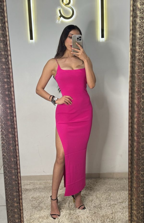 Vestido fucsia largo de punto tirantes - Imagen 4