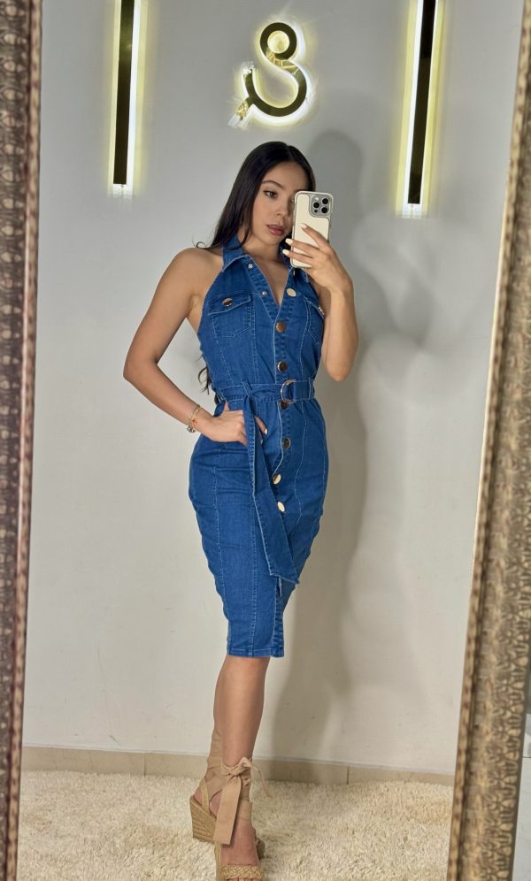 Vestido de mezclilla con botones sin manga - Imagen 4
