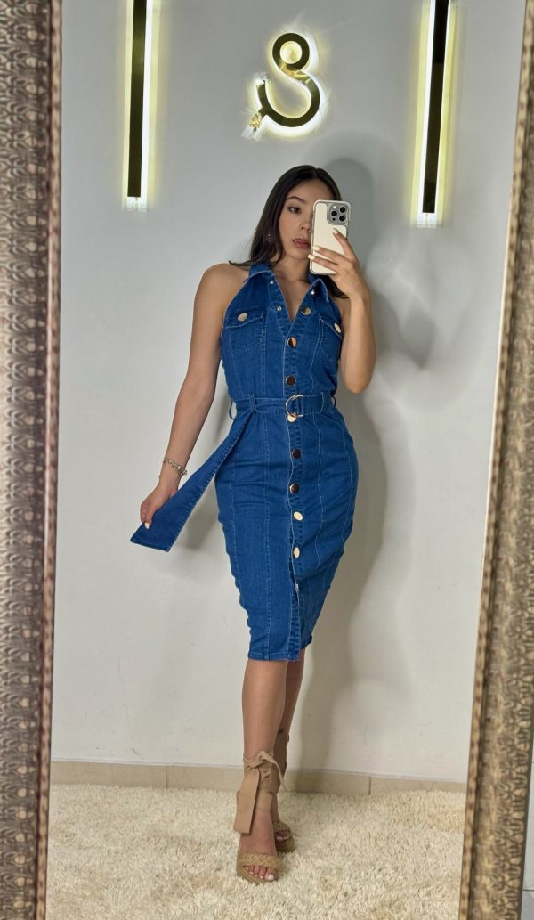 Vestido de mezclilla con botones sin manga - Imagen 2